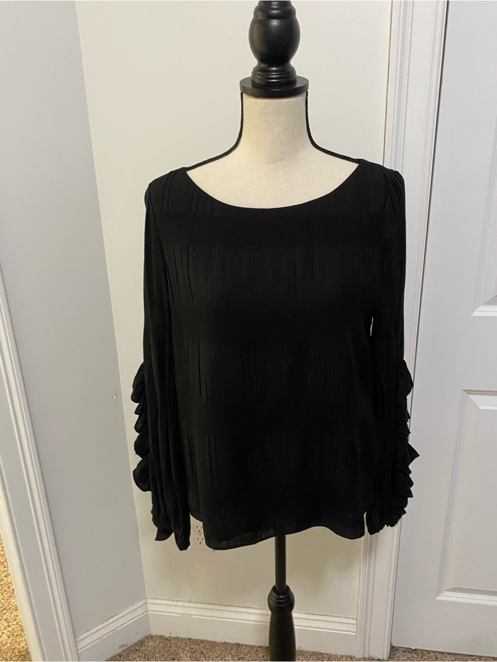 Club Monaco Black Pleated Ruffle Sleeve Blouse